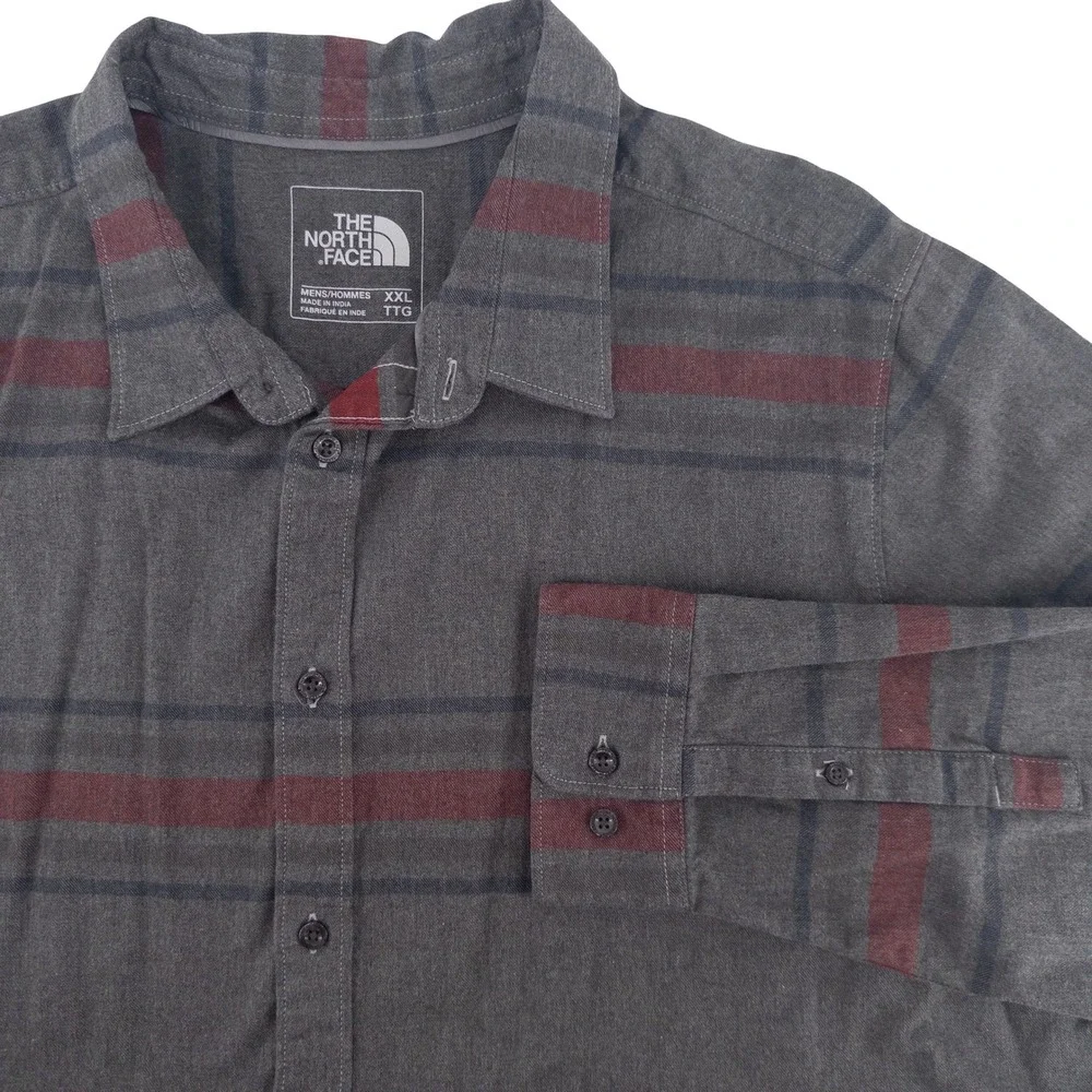 The North Face Mens XXL Approach Flannel Shirt Grey Burgundy Striped Gorpcore